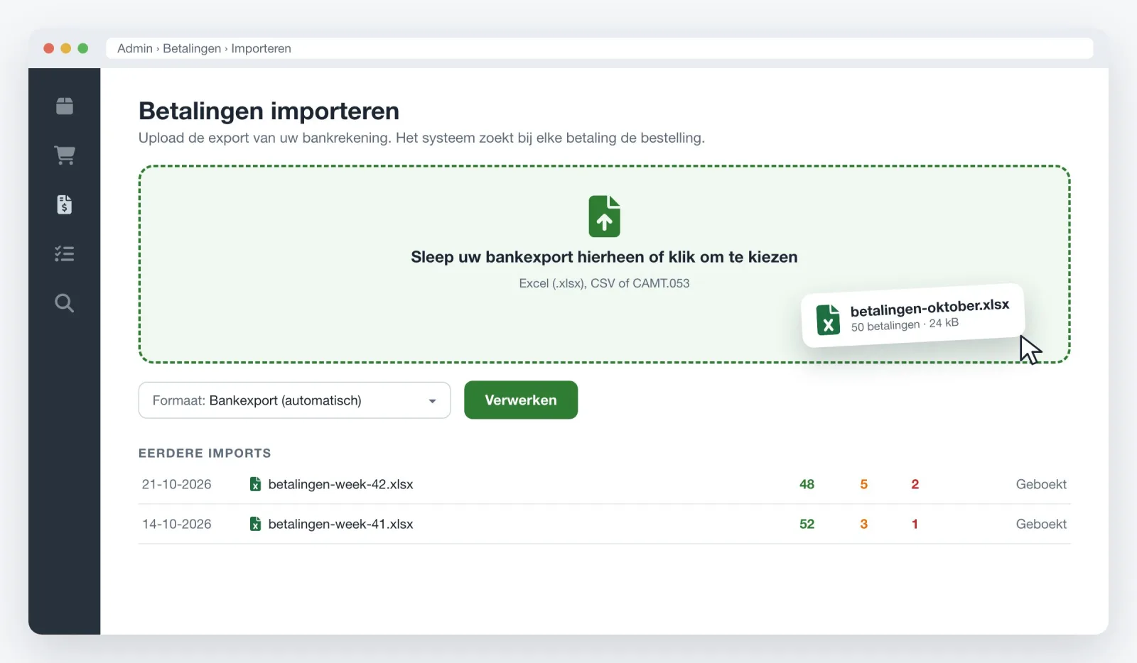 Uploadscherm van Betalingen verwerken